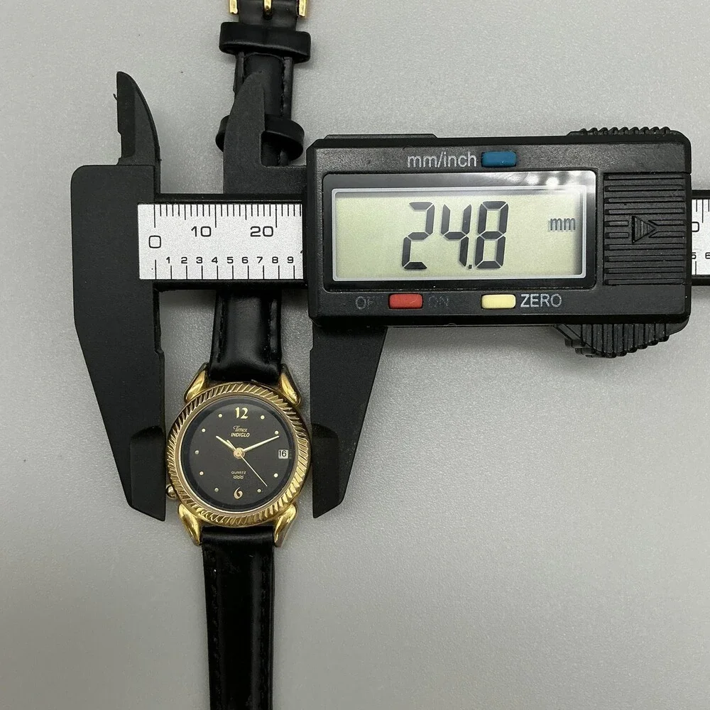 Vintage Timex Indiglo Womens Watch 25mm Black Dial Gold Tone Date New Battery